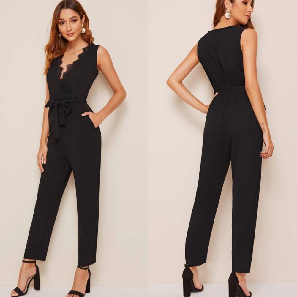 SHEIN Black Lace Belted Jumpsuit